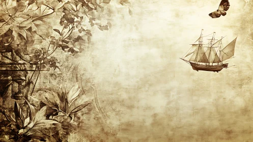 Vintage sepia ship sails past ornate floral border illustration