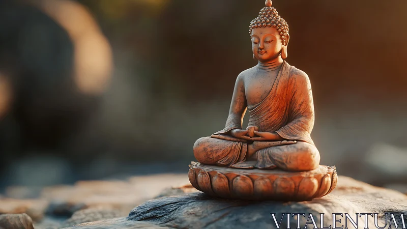 Serene Buddha statue in warm sunset meditation setting.