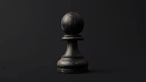 Weathered black chess pawn on dark minimalist background.
