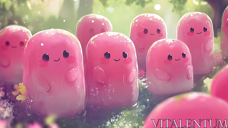 Adorable Pink Creatures Spreading Joy in an Enchanted Garden.