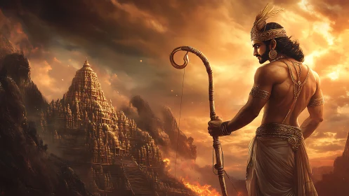 Sun-forged archer guards a golden temple at the valley’s edge