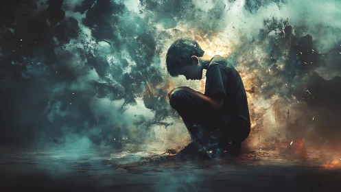 Digital painting of crouched boy in explosive abstract nebula field.