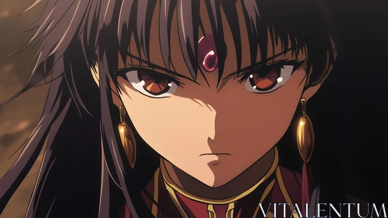 Crimson-eyed anime sorceress in symmetrical frontal close-up.