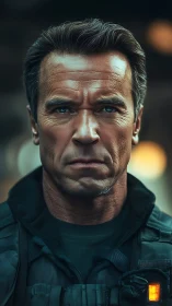 Weathered cyber soldier stares down destiny in neon hush.