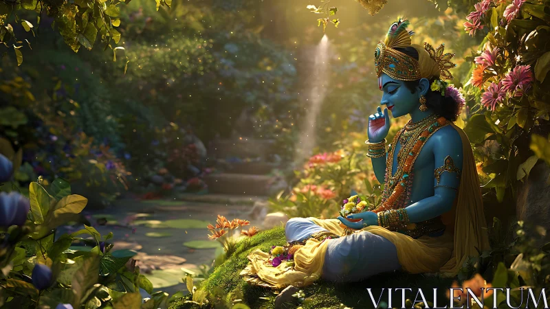 Radiant blue deity resting in a sunlit secret garden.