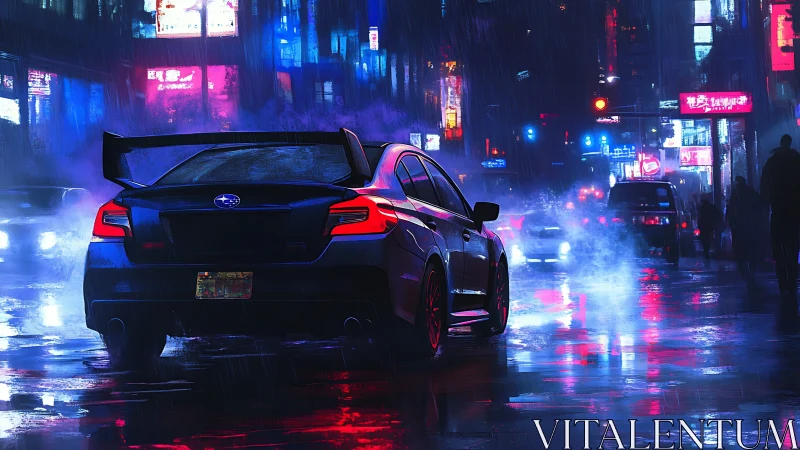 Neon-lit sports sedan in rainy cyberpunk city street scene.