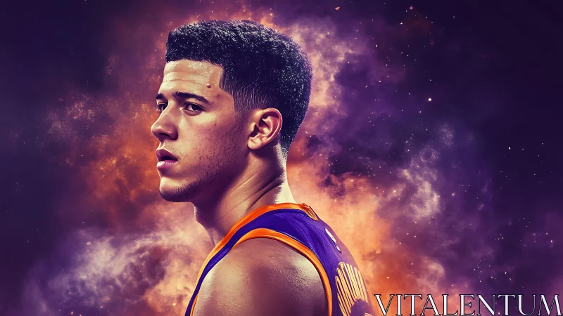 Basketball player portrait in purple and orange cosmic light.