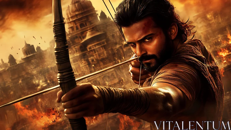 Warrior with drawn bow aims steady amid burning fortress