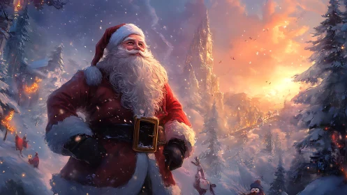 Santa strolling through a glowing winter wonderland at dusk.