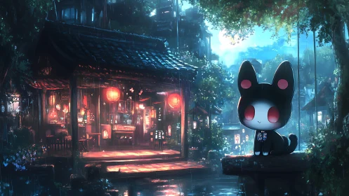 Chibi black cat idol rendered in luminous rainy street scene