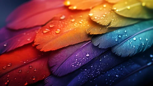 Macro chromatic feather array with refractive water droplets.