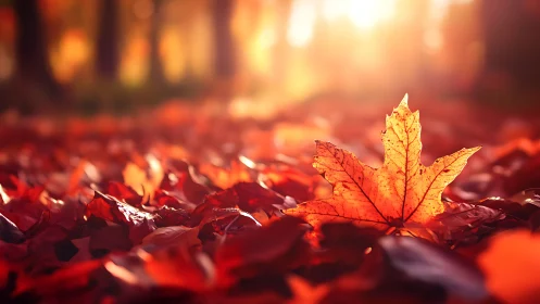 Backlit maple leaf in shallow depth of field autumn forest study