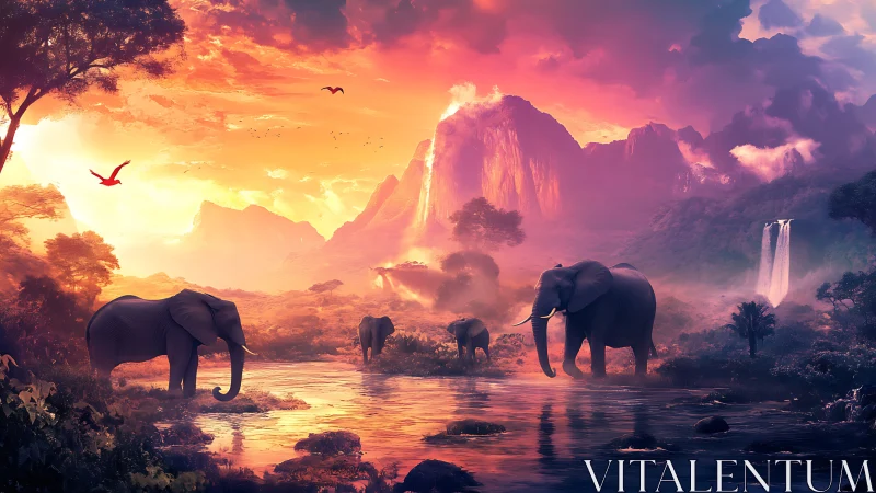 Elephants crossing reflective river in neon lit fantasy savanna