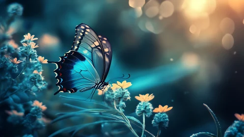 Luminous blue butterfly rests on wildflowers at dreamy dusk