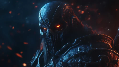 Armored infernal warrior rendered in cinematic digital chiaroscuro