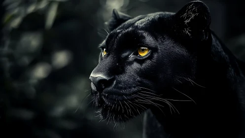 Black Panther with Amber Eyes in Shadowed Profile.