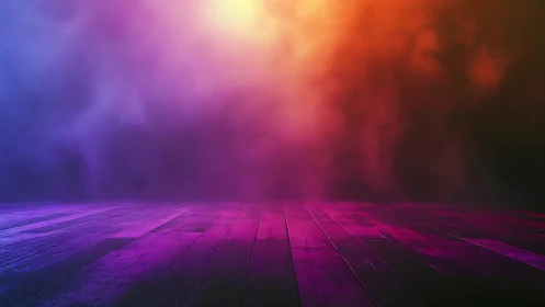Gradient-lit empty wooden stage with dense colored fog backdrop