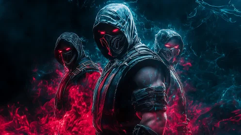 Hooded masked warriors with red eyes in glowing smoke field.