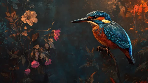 Vibrant Kingfisher Perched Amidst Flowers in Artistic Illustration.