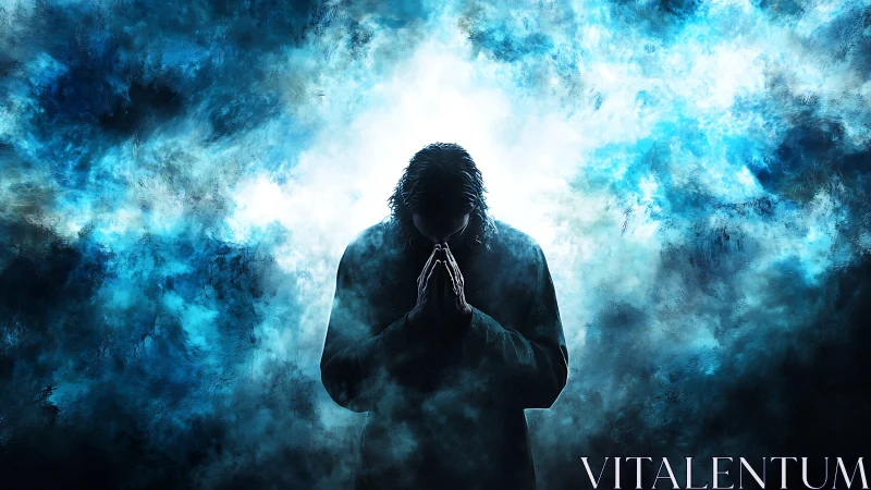 Silhouetted supplicant kneels in storm-washed blue light.