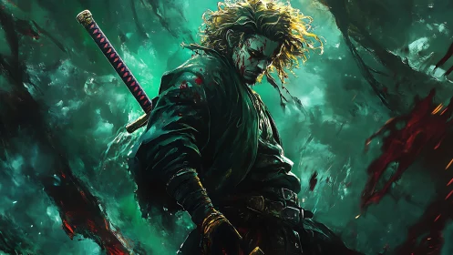 Bloodstained ronin in stormlit emerald battlefield haze.