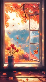 Open window view onto bright autumn forest landscape.