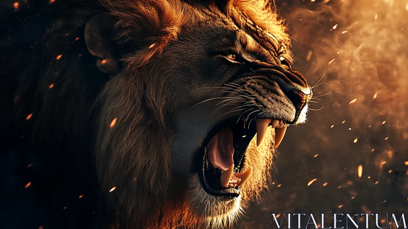 Roaring lion bathed in fiery golden light of dusk.