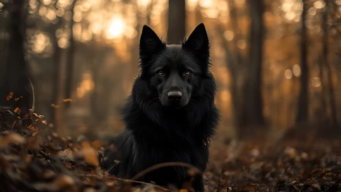 Photorealistic portrait of black dog in autumn forest bokeh.