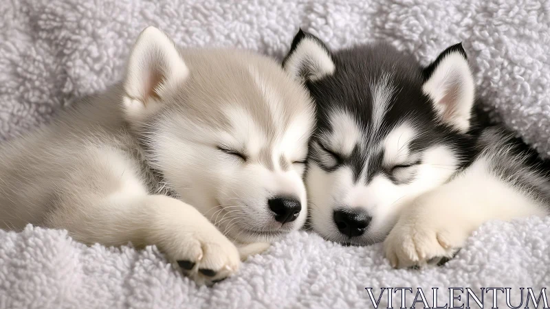Snuggly husky puppies dreaming together in cozy blankets.