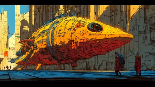 Colossal yellow starship rests quietly in a towering canyon city