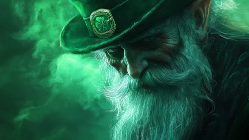 Spectral emerald leprechaun portrait with volumetric smoke field.