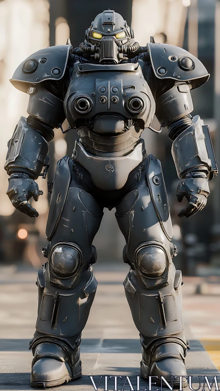 Heavily armored humanoid combat exosuit on urban pavement.