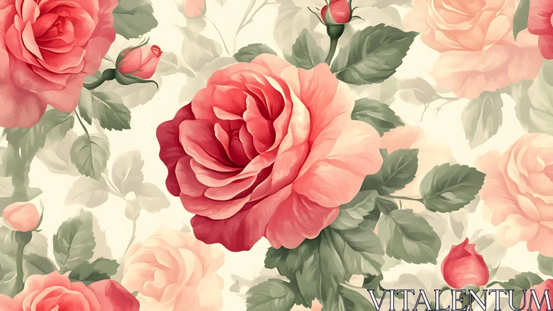 Botanical rose arrangement with gradient pink tones and green foliage