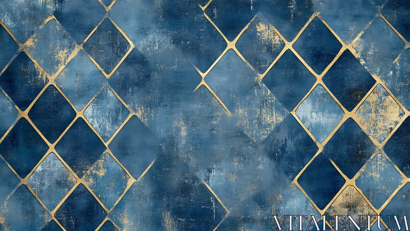 Abstract blue lattice with distressed metallic diamond grid.