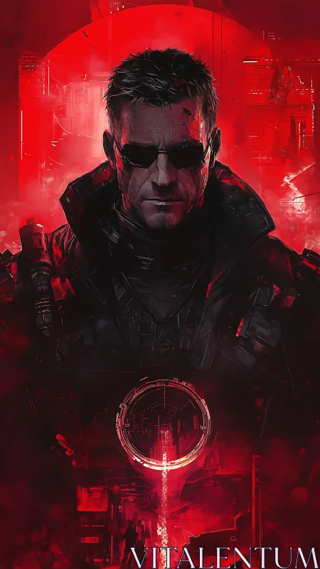 Red eclipse enforcer in neon-soaked cybernetic storm.