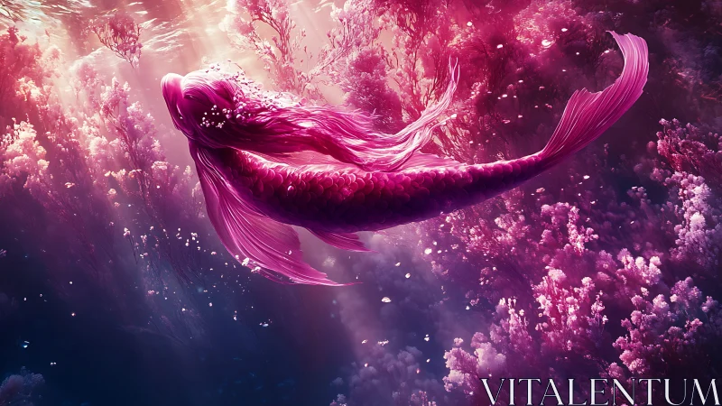 Underwater view shows pink mermaid-like figure amid flora