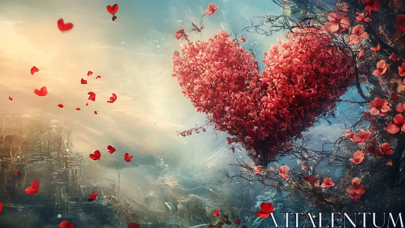 Heart-Shaped Tree Blooming Against Misty Cityscape with Falling Petals
