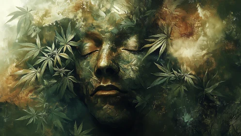 Human face merged with dense green foliage and abstract light.