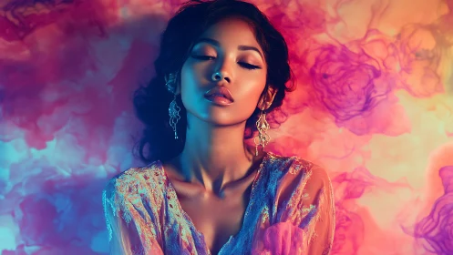 Cinematic portrait with bokeh-like floral gradients and rim lighting