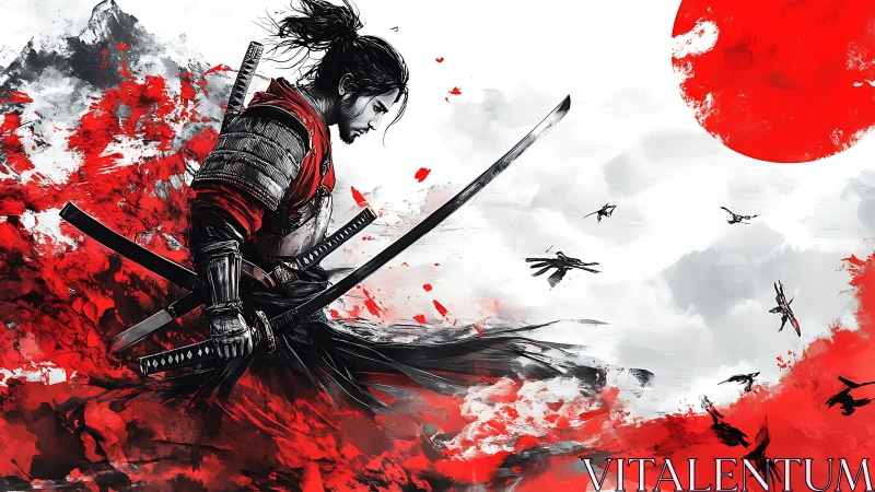 Samurai warrior in dynamic red ink splatter composition.