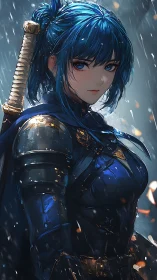 Blue haired anime swordswoman in rain drenched armor