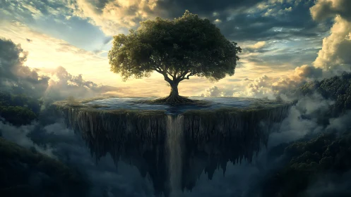 Solitary sky tree crowns floating waterfall plateau.