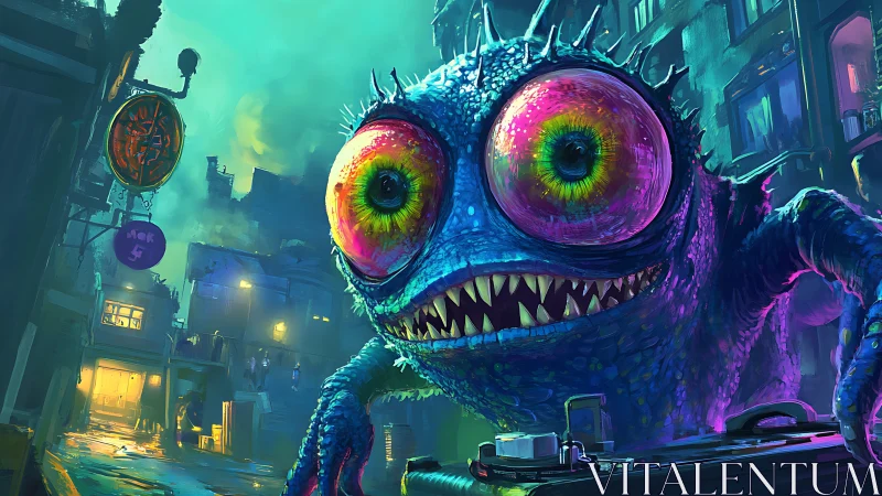 Neon-eyed alley monster lunges through a rain-soaked cyber street