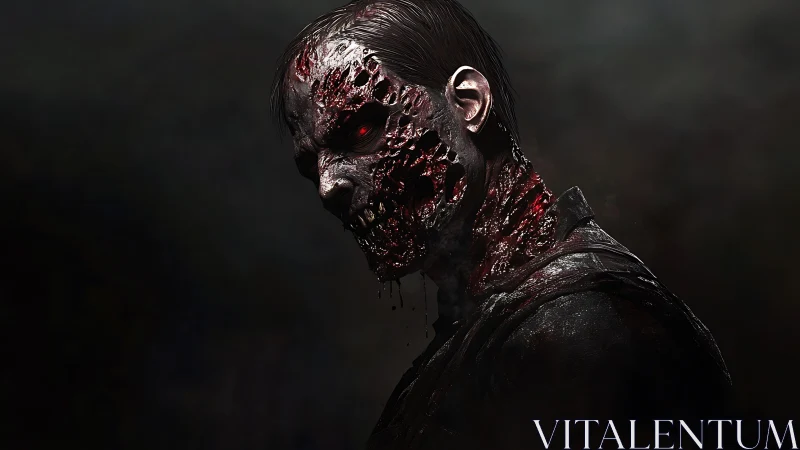 Undead nightmare portrait reveals shredded, burning visage.
