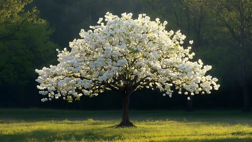 Elegant blooming tree in spring sunlight, natural landscape photo.