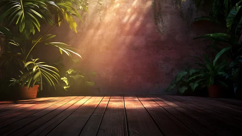 Sunlit garden corner where wooden floor meets quiet leaves.