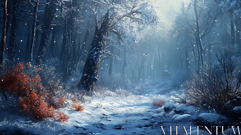 Winter Forest Path with Snow and Red Vegetation