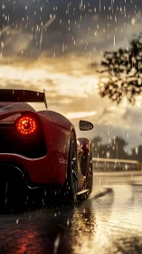 Red supercar slices through glossy rain-soaked highway at dusk.