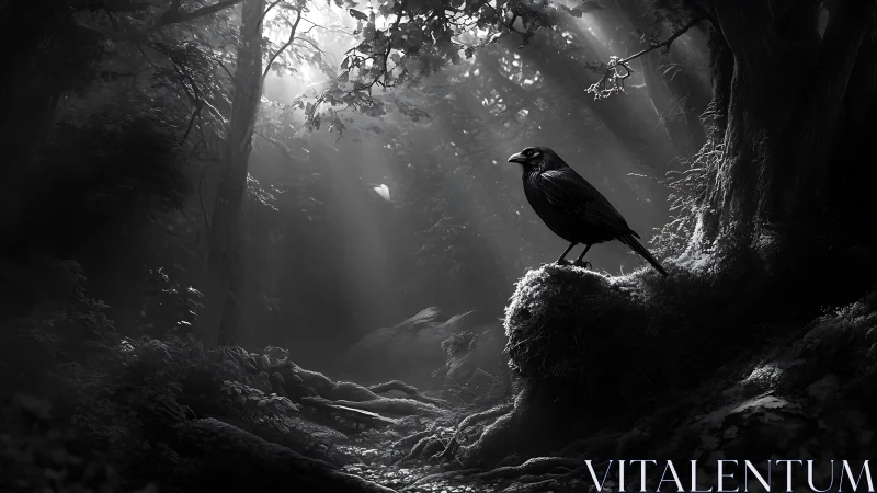 Solitary raven rests on mossy root in sunlit forest gloom