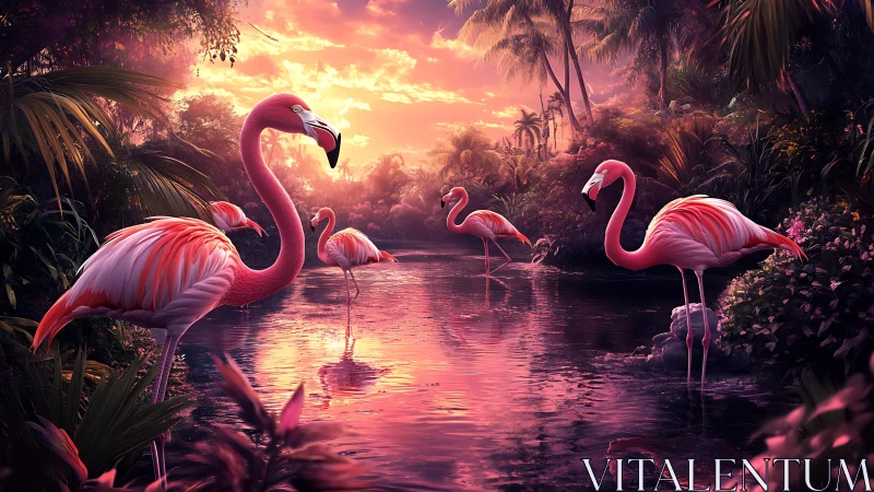 Sunset flamingos in luminous tropical lagoon paradise.